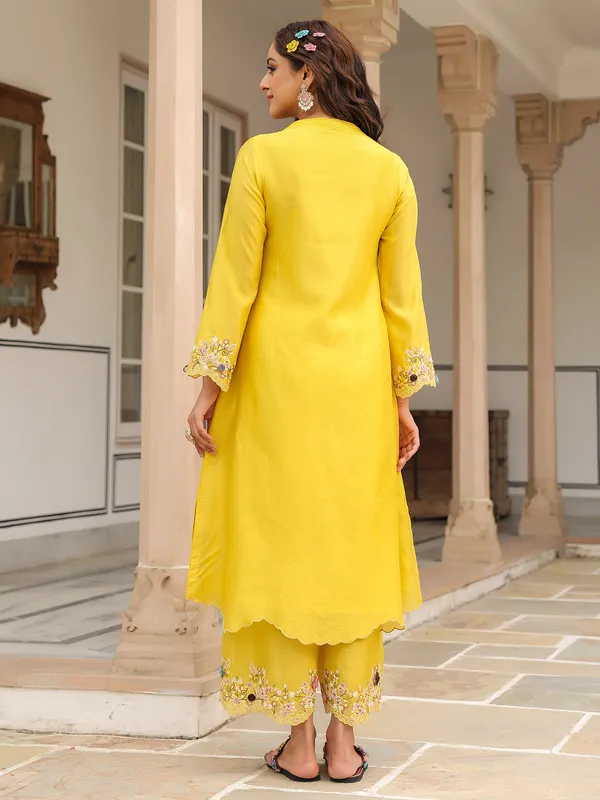 Mustard yellow kurti set for women in chanderi silk
