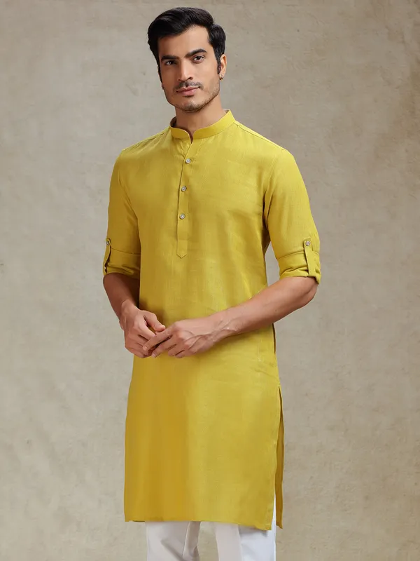 Mustard yellow linen kurta for haldi ceremony