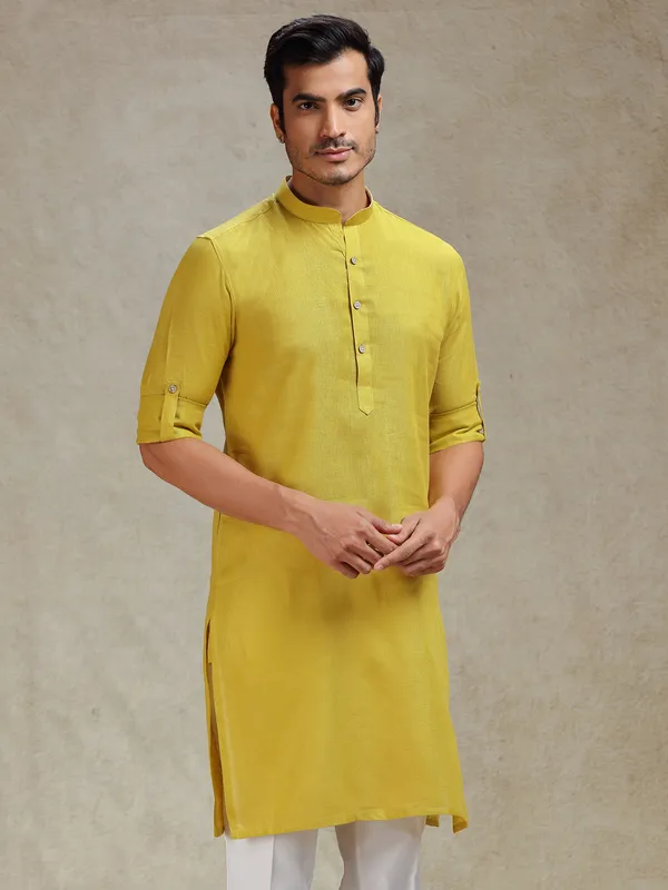 Mustard yellow linen kurta for haldi ceremony