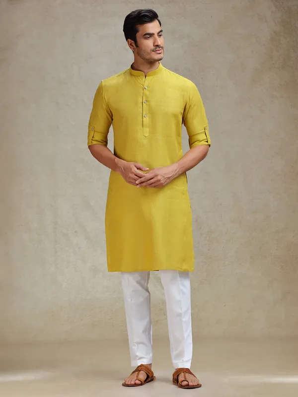 Mustard yellow linen kurta pajama for ethnic look