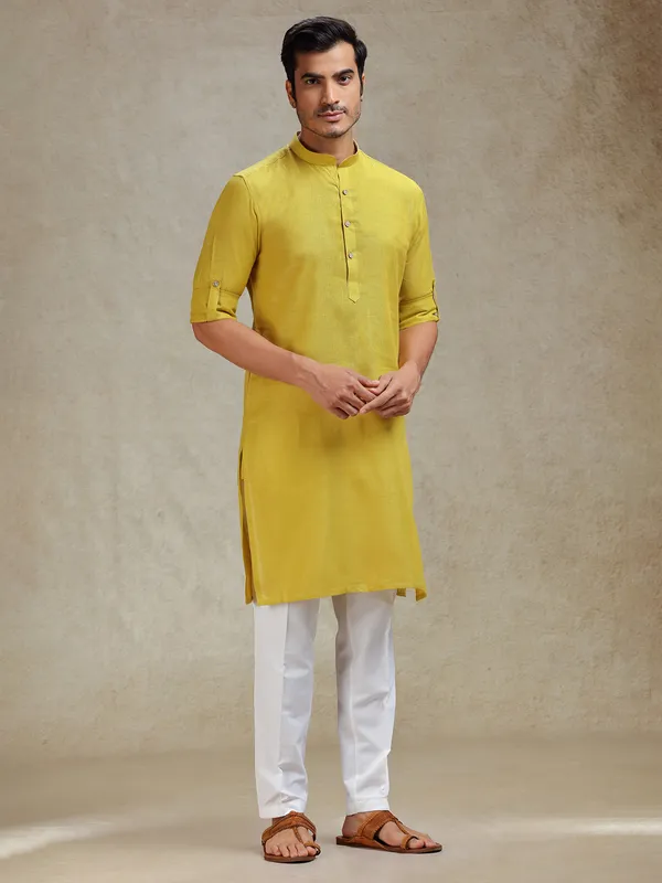 Mustard yellow linen kurta pajama for ethnic look