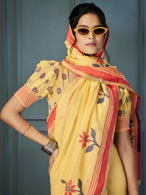 Mustard yellow linen saree with contrast border
