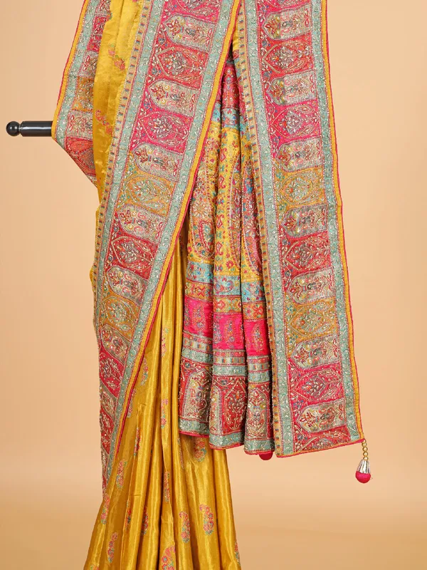 Mustard yellow masru silk wedding saree