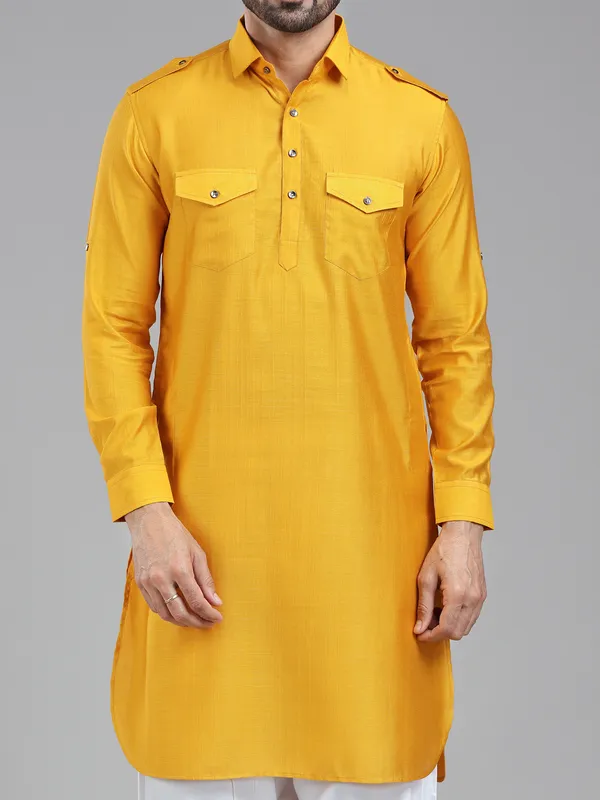 Mustard yellow mens pathani kurta