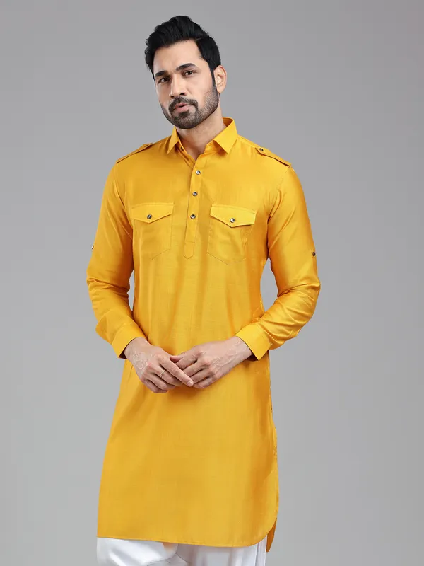 Mustard yellow mens pathani kurta