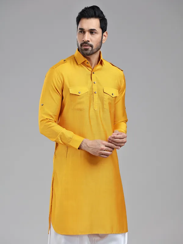 Mustard yellow mens pathani kurta