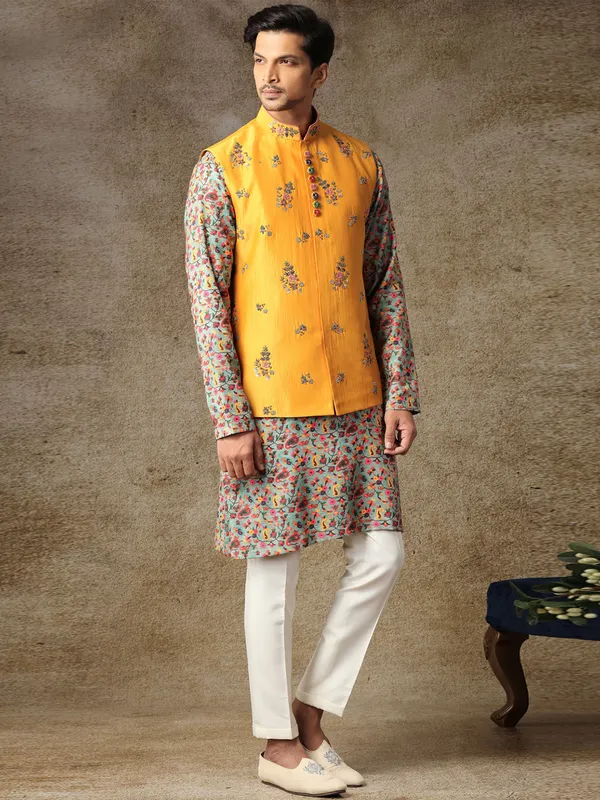 Mustard yellow mens silk waistcoat set for haldi occasion