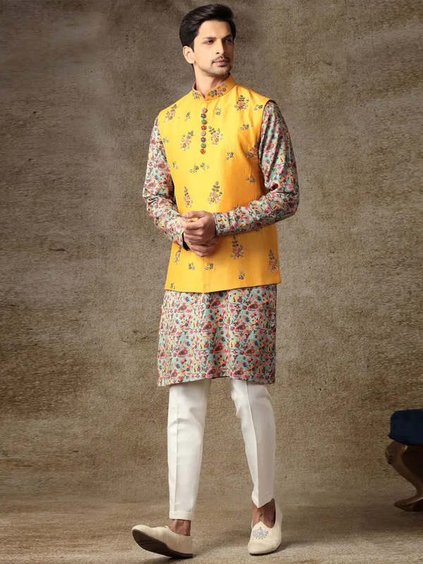 Mustard yellow mens silk waistcoat set for haldi occasion