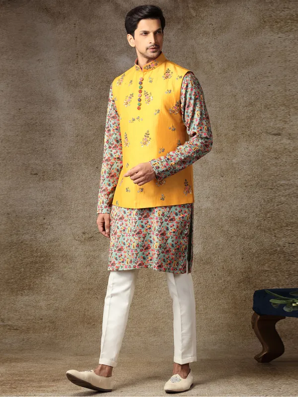 Mustard yellow mens silk waistcoat set for haldi occasion