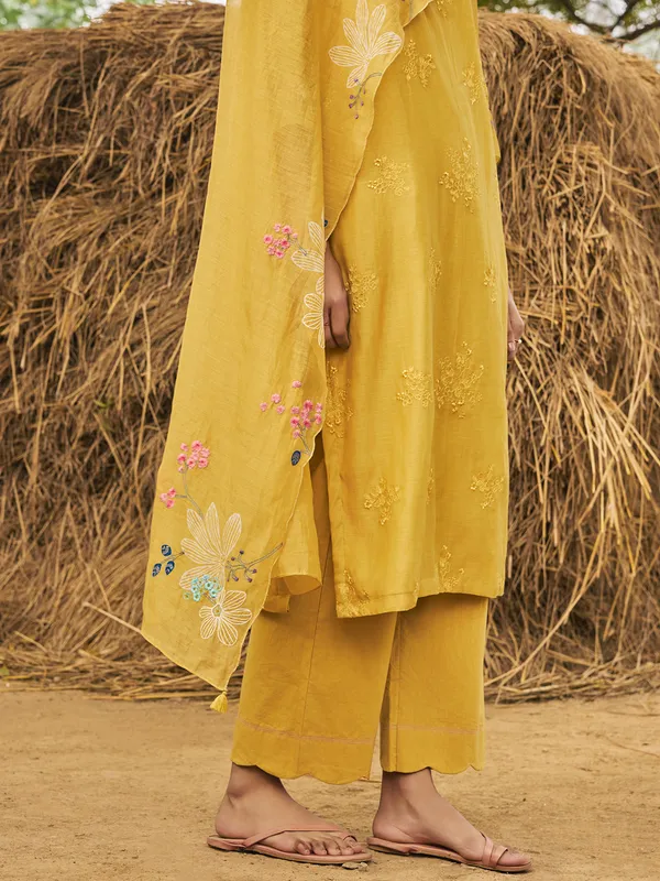 Mustard yellow muslin cotton salwar suit for festive wear