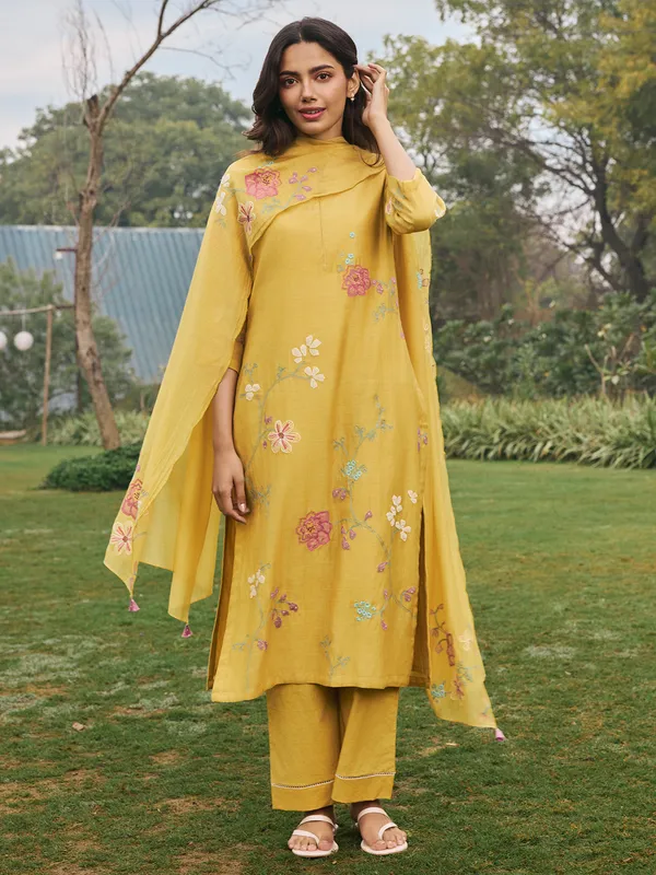 Mustard yellow muslin cotton  salwar suit with dupatta