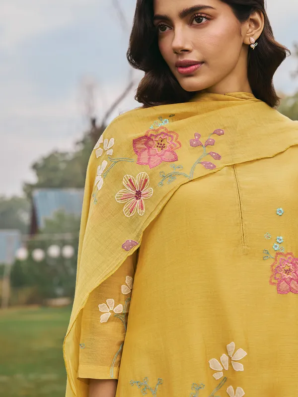 Mustard yellow muslin cotton  salwar suit with dupatta