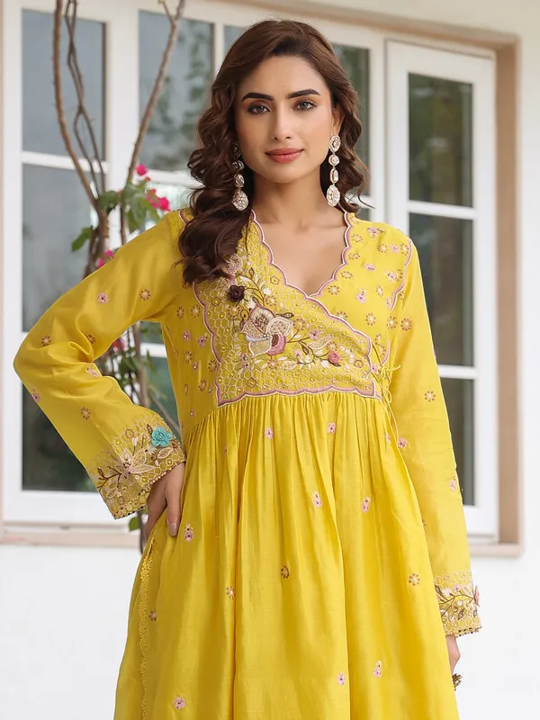 Mustard yellow organza and chanderi silk kurti set