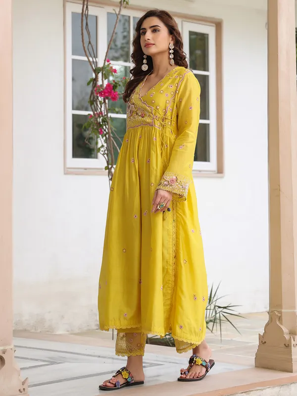 Mustard yellow organza and chanderi silk kurti set