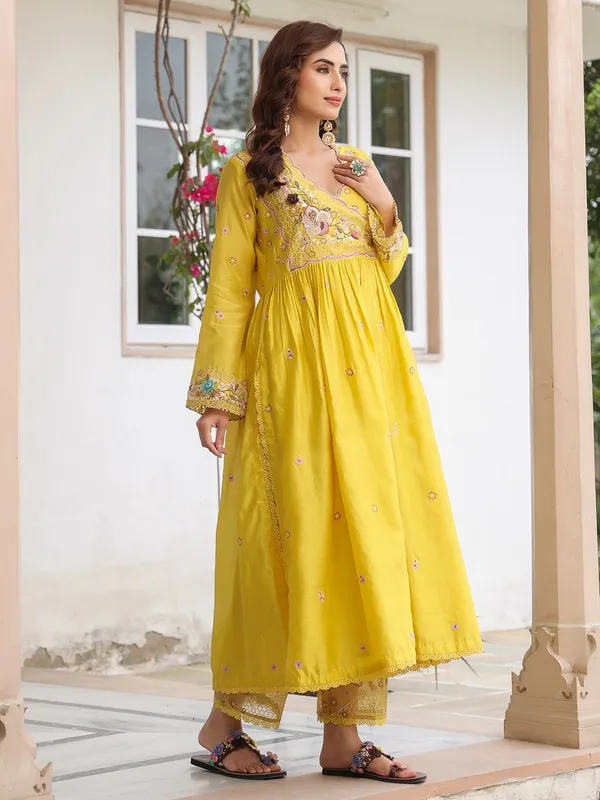 Mustard yellow organza and chanderi silk kurti set