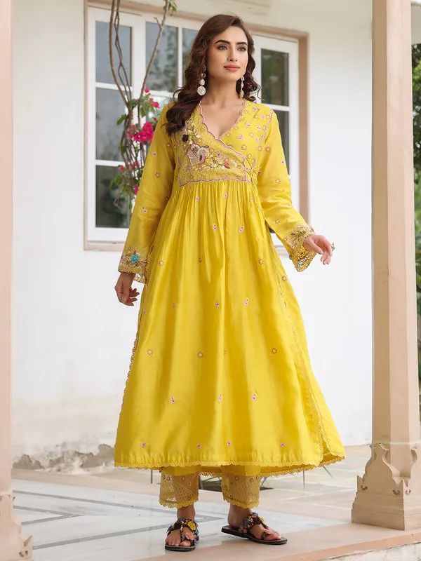 Mustard yellow organza and chanderi silk kurti set