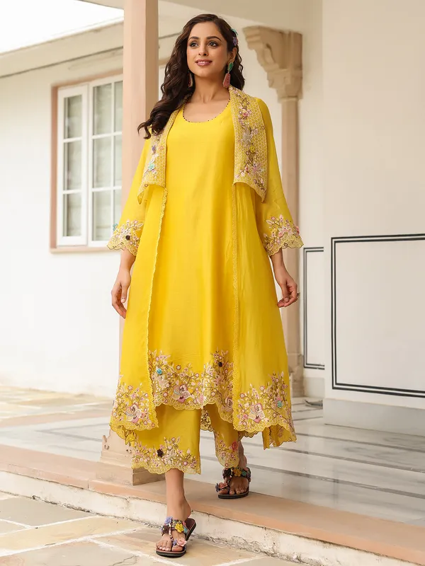 Mustard yellow organza and chanderi silk kurti set for women