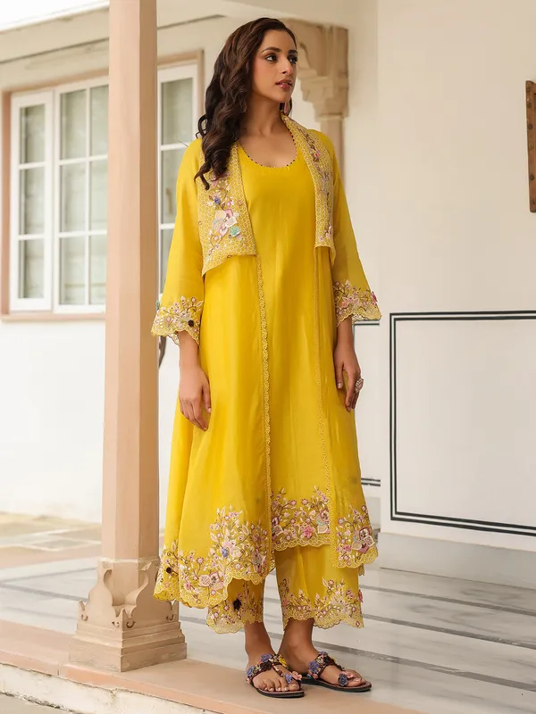 Mustard yellow organza and chanderi silk kurti set for women