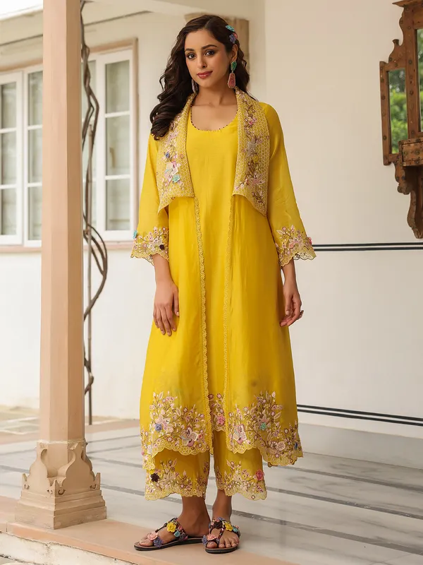 Mustard yellow organza and chanderi silk kurti set for women