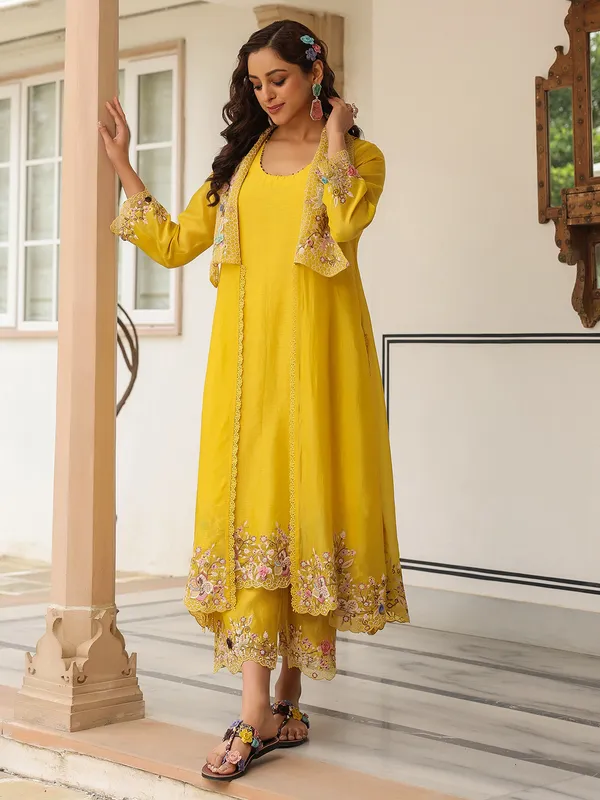 Mustard yellow organza and chanderi silk kurti set for women