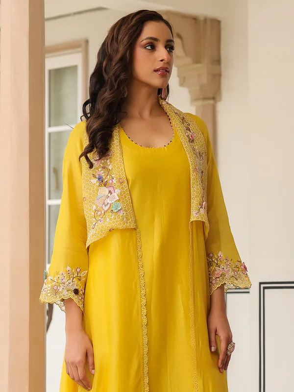 Mustard yellow organza and chanderi silk kurti set for women