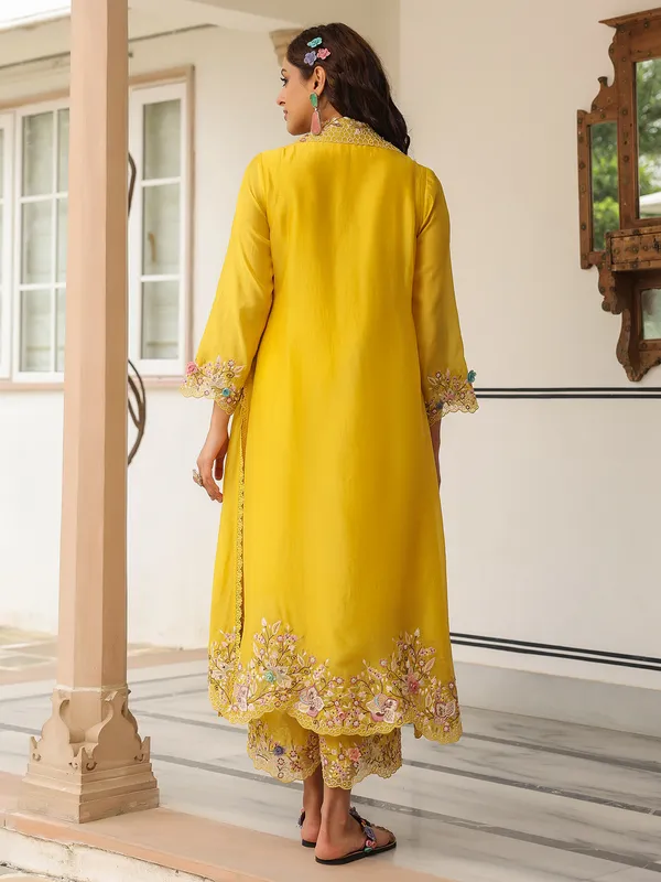 Mustard yellow organza and chanderi silk kurti set for women