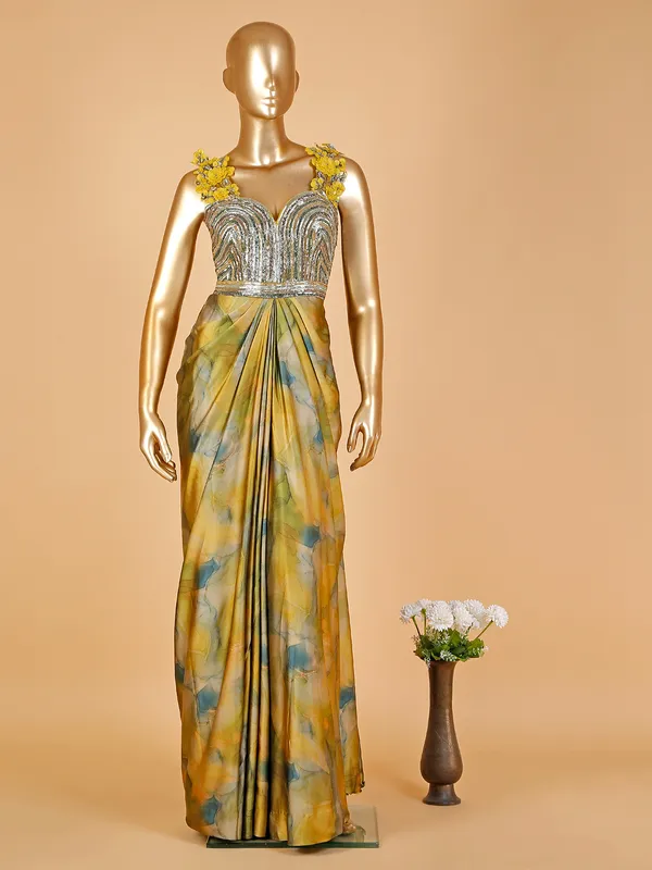 Mustard yellow organza designer gown