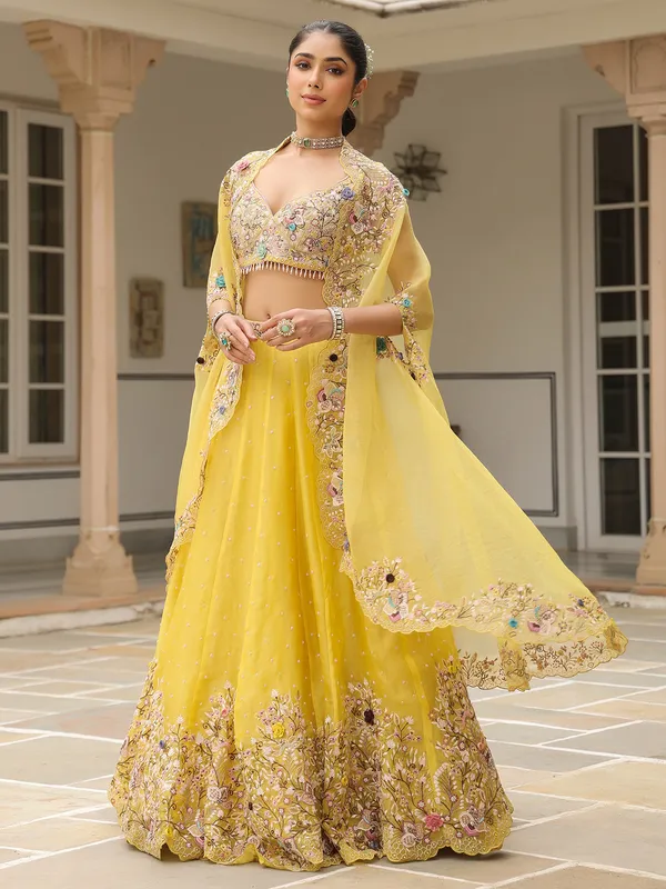 Mustard yellow organza lehenga choli with shrug