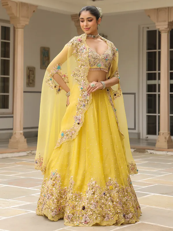 Mustard yellow organza lehenga choli with shrug
