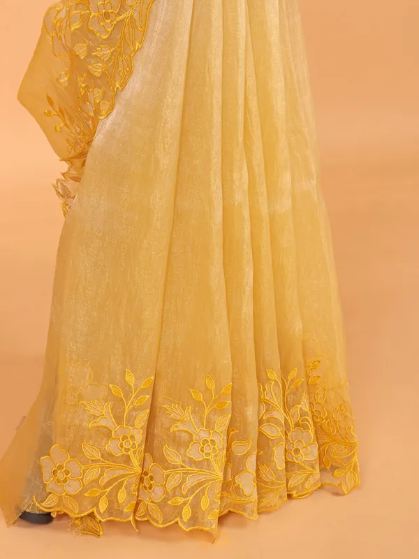 Mustard yellow organza saree for wedding wear