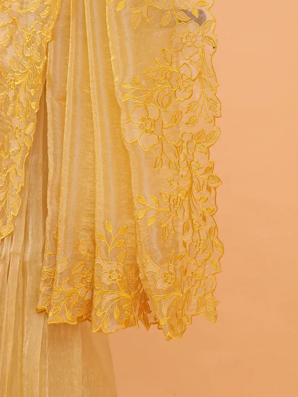 Mustard yellow organza saree for wedding wear