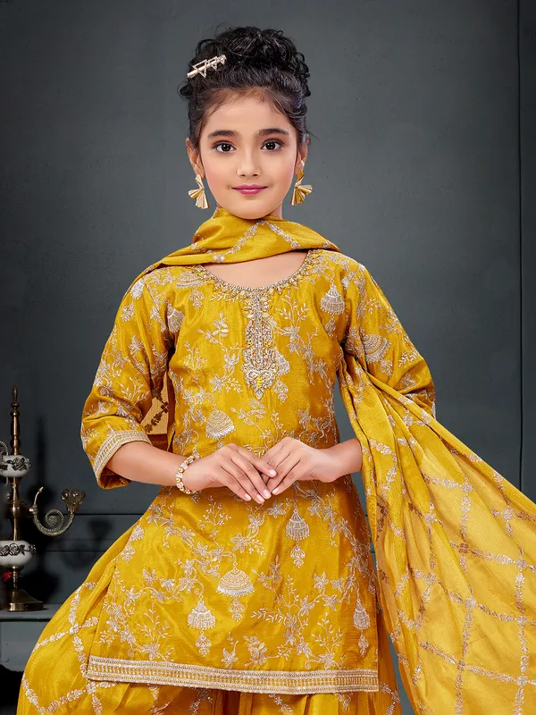 Mustard yellow pakistani palazzo suit with aabla work