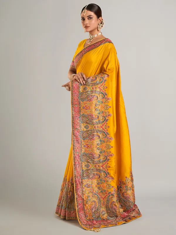 Mustard yellow pashmina silk saree