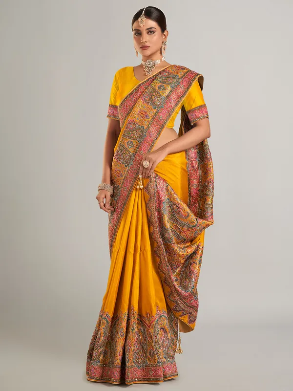 Mustard yellow pashmina silk saree