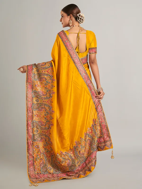 Mustard yellow pashmina silk saree