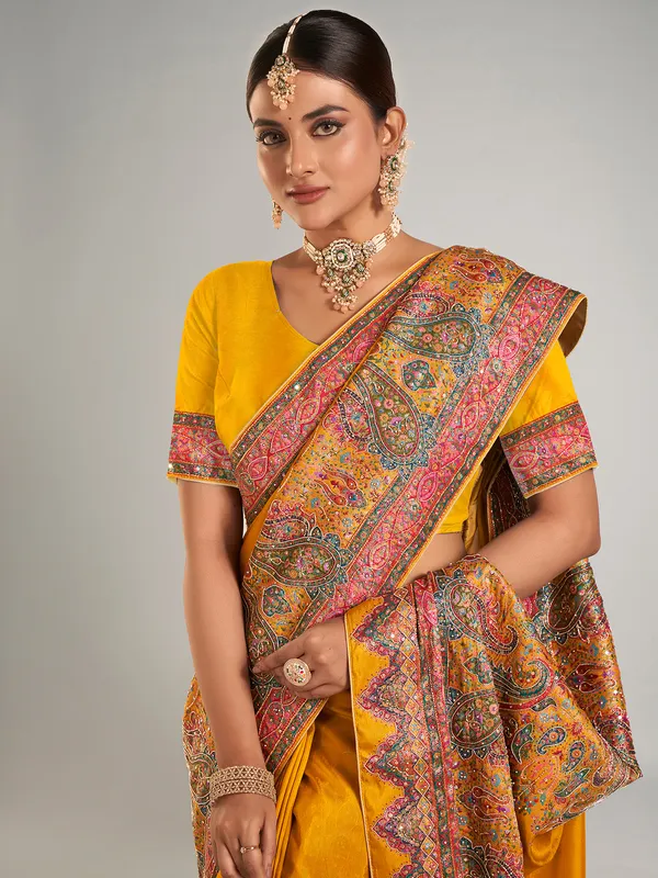 Mustard yellow pashmina silk saree