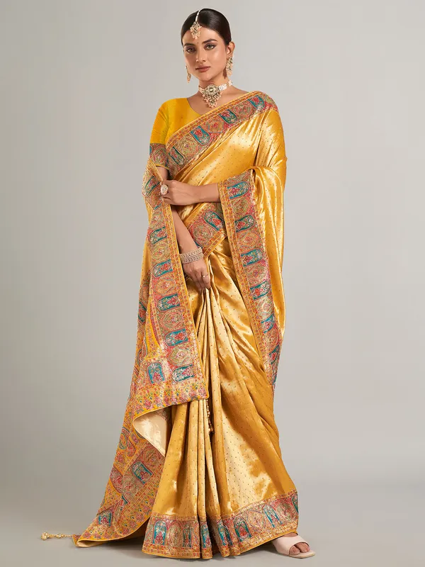 Mustard yellow pashmina silk saree for wedding