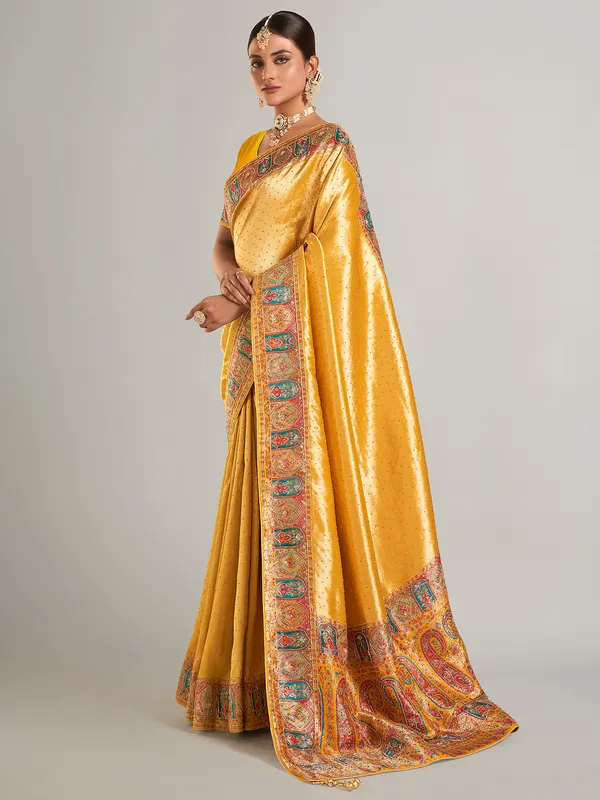 Mustard yellow pashmina silk saree for wedding