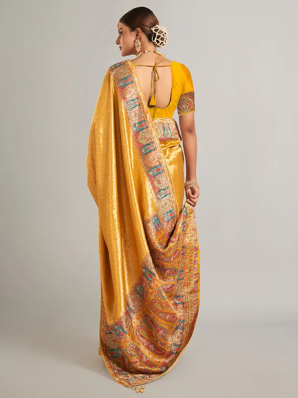 Mustard yellow pashmina silk saree for wedding