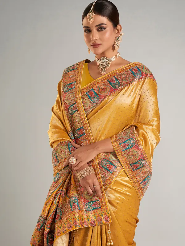 Mustard yellow pashmina silk saree for wedding