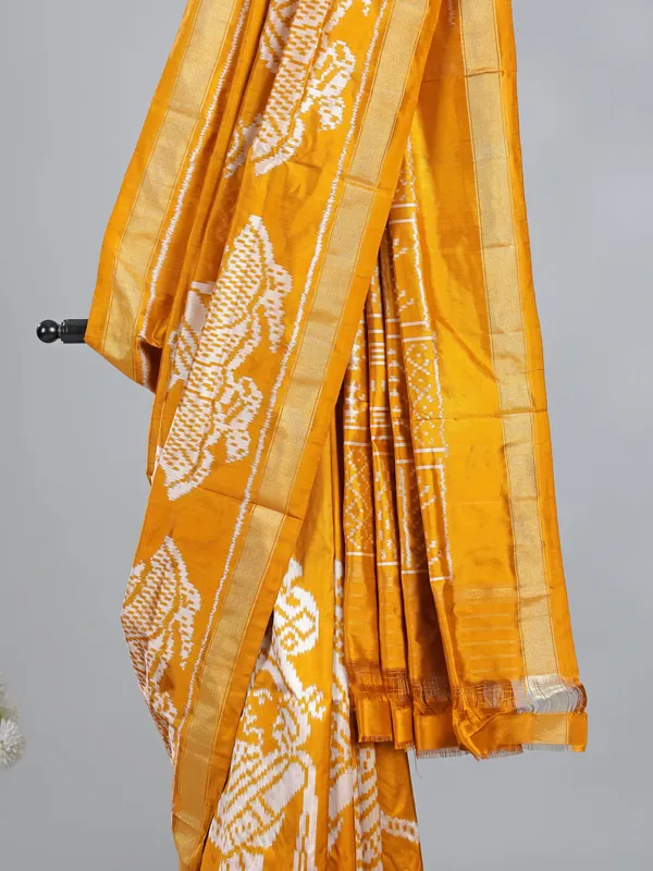Mustard yellow patola silk saree with print