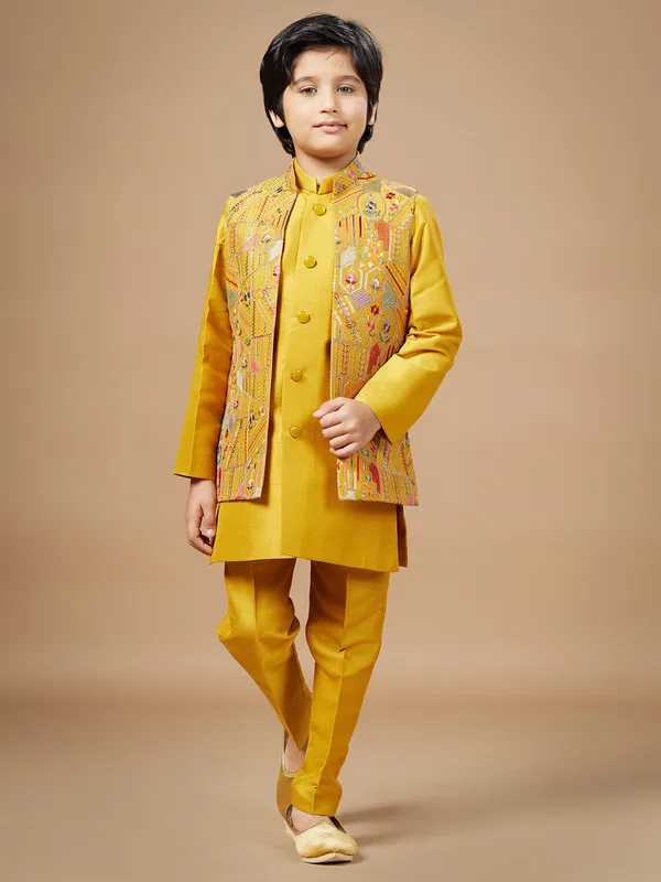 Mustard yellow premium jacket style waist coat set for boy
