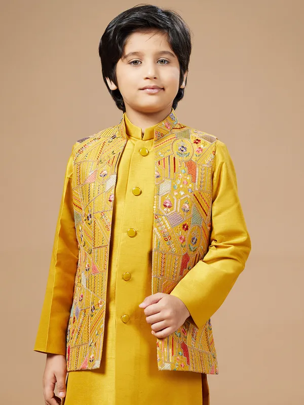 Mustard yellow premium jacket style waist coat set for boy