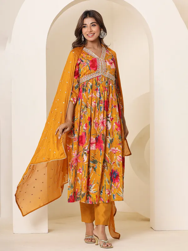 Mustard yellow printed alia cut kurti set