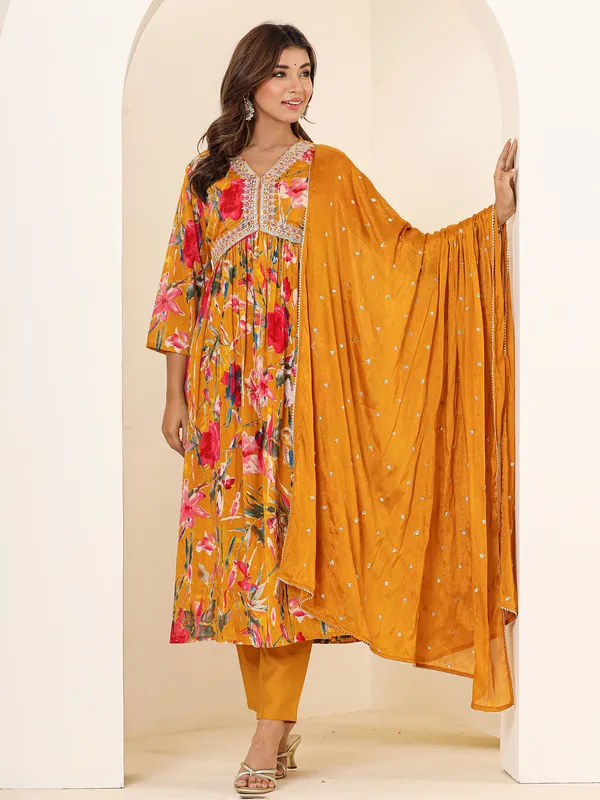 Mustard yellow printed alia cut kurti set