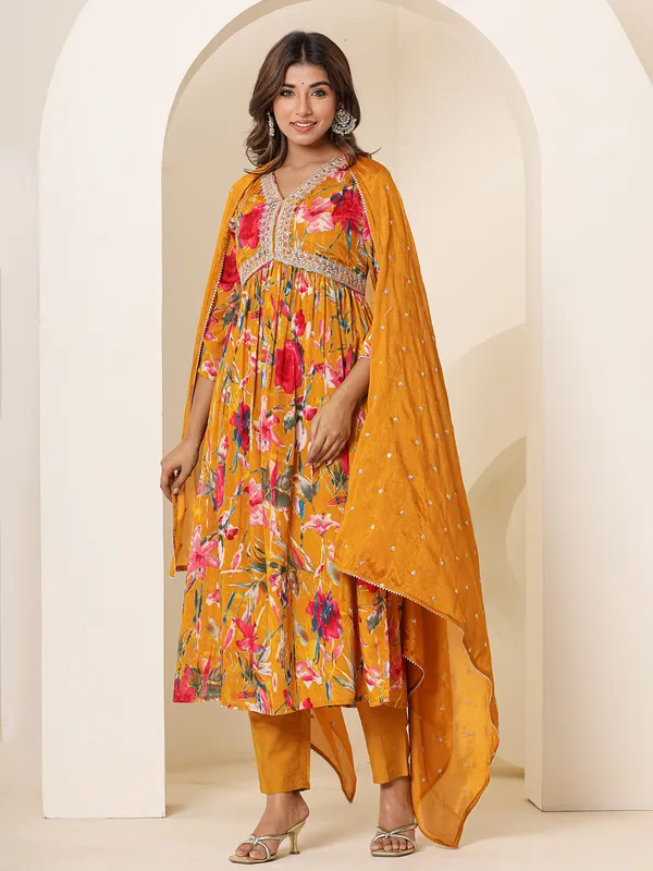 Mustard yellow printed alia cut kurti set