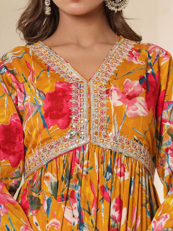 Mustard yellow printed alia cut kurti set