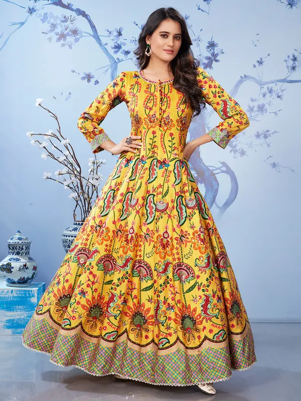 Mustard yellow printed anarkali salwar suit for haldi