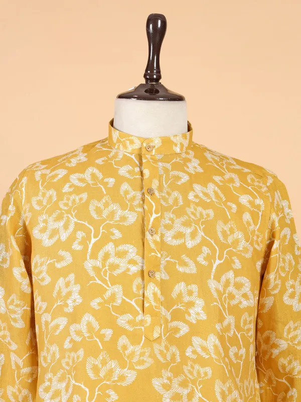 Mustard yellow printed cotton kurta for men