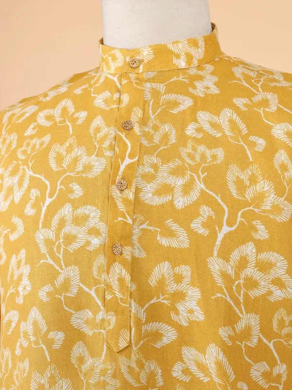 Mustard yellow printed cotton kurta for men
